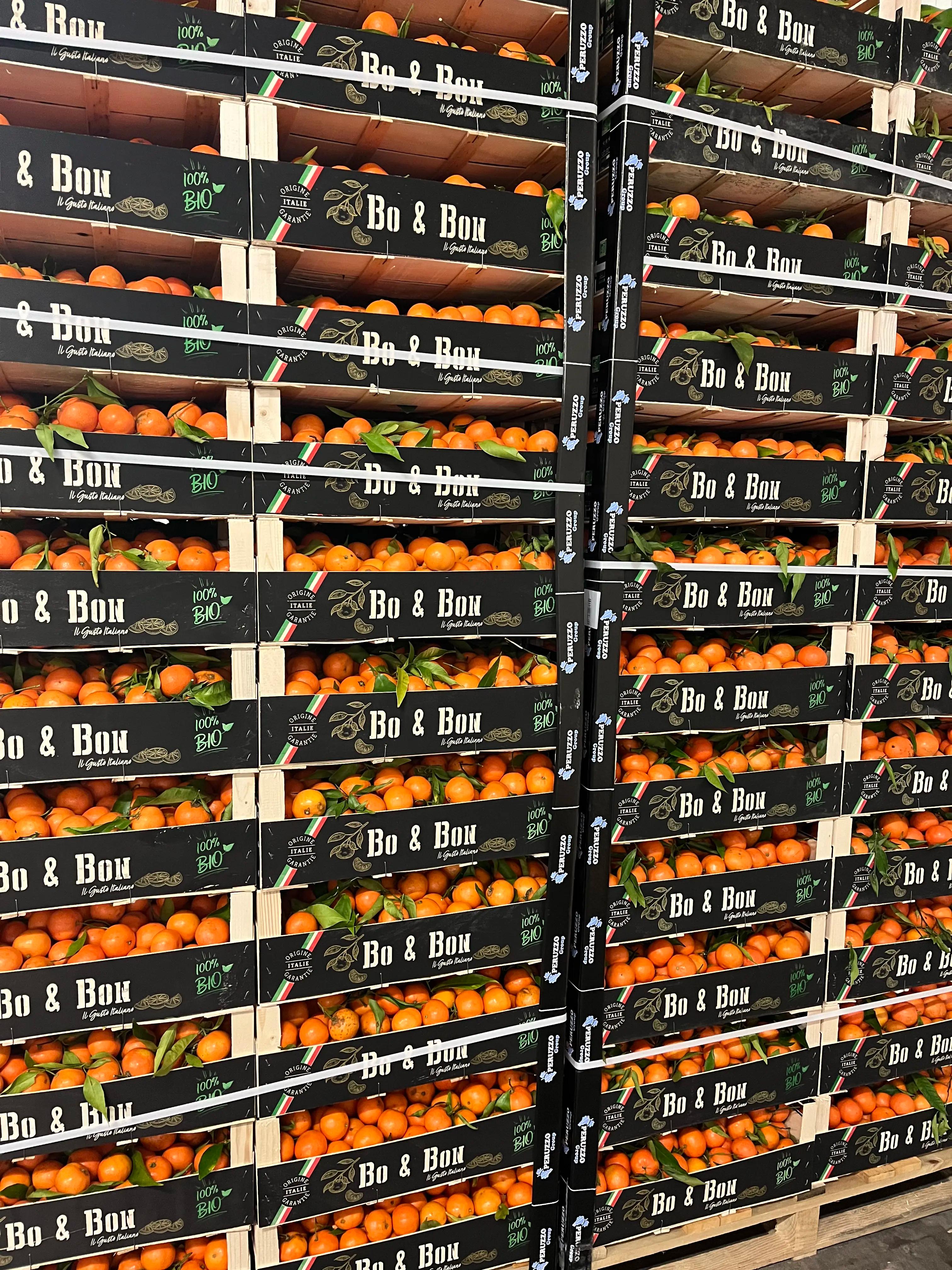 Des piles de caisses orange portant la marque Bo&Bon dans un entrepôt.