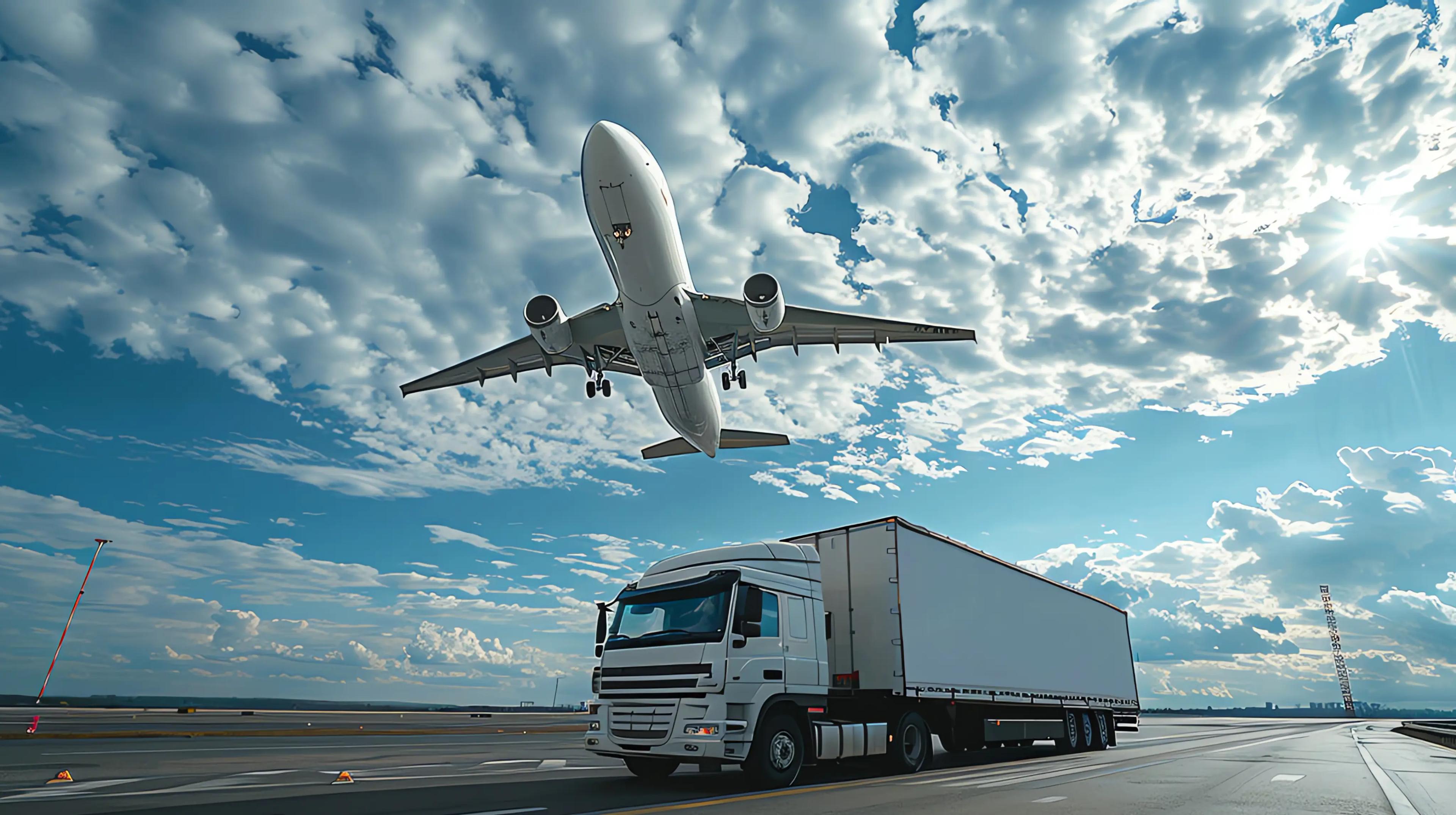 Avion décollant au-dessus d'un camion sur une piste d'atterrissage sous un ciel nuageux.