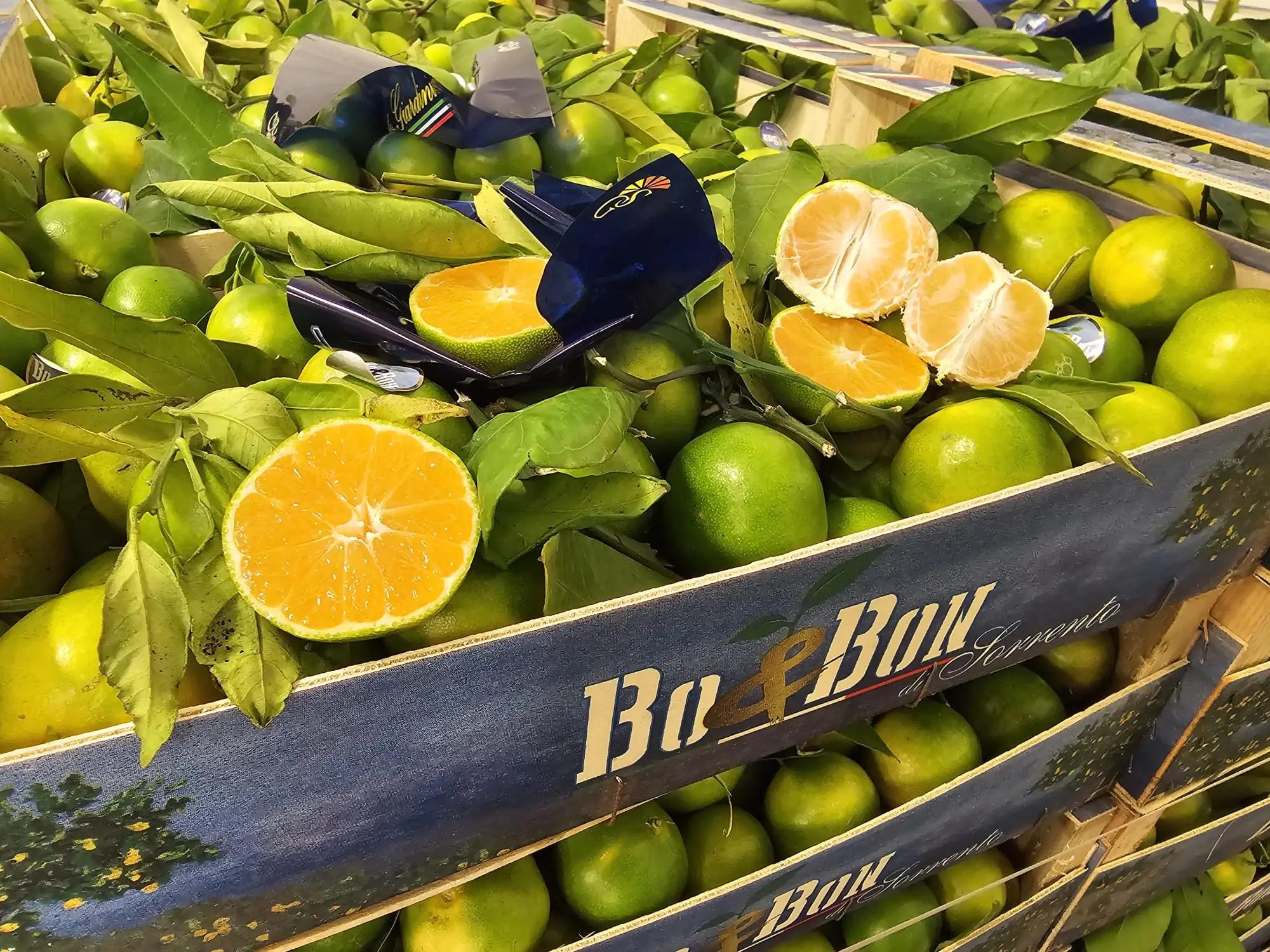 Caisse de Clémentine Vert Lemon avec feuilles, certaines coupées, révélant une chair orange vif.