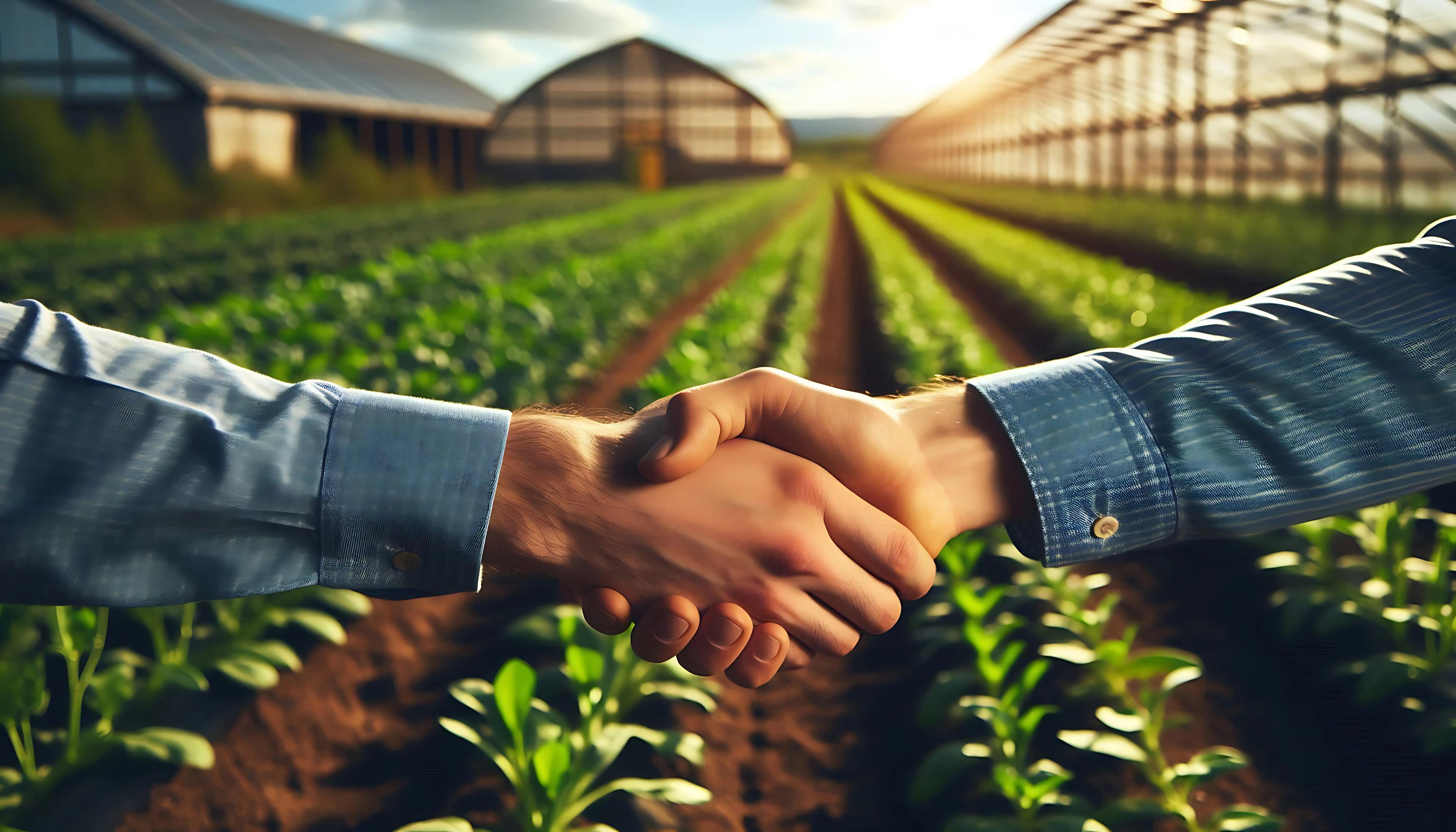 Deux personnes se serrant la main dans un champ agricole, avec des serres en arrière-plan.