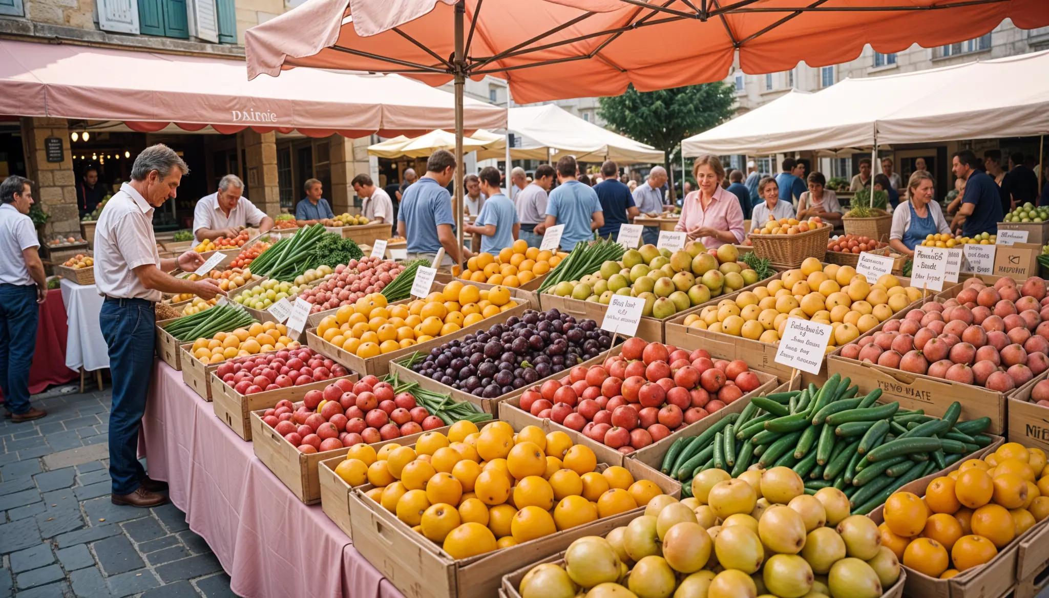 Marché de fruits et légumes frais en plein air avec des étals colorés, où des producteurs locaux vendent leurs produits