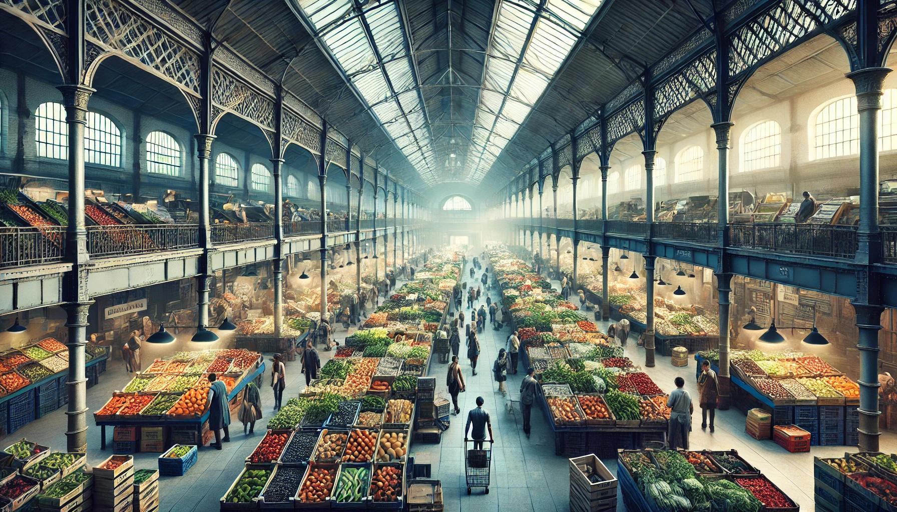 Marché couvert avec des rangées d'étals de produits et des clients sous un grand plafond voûté.