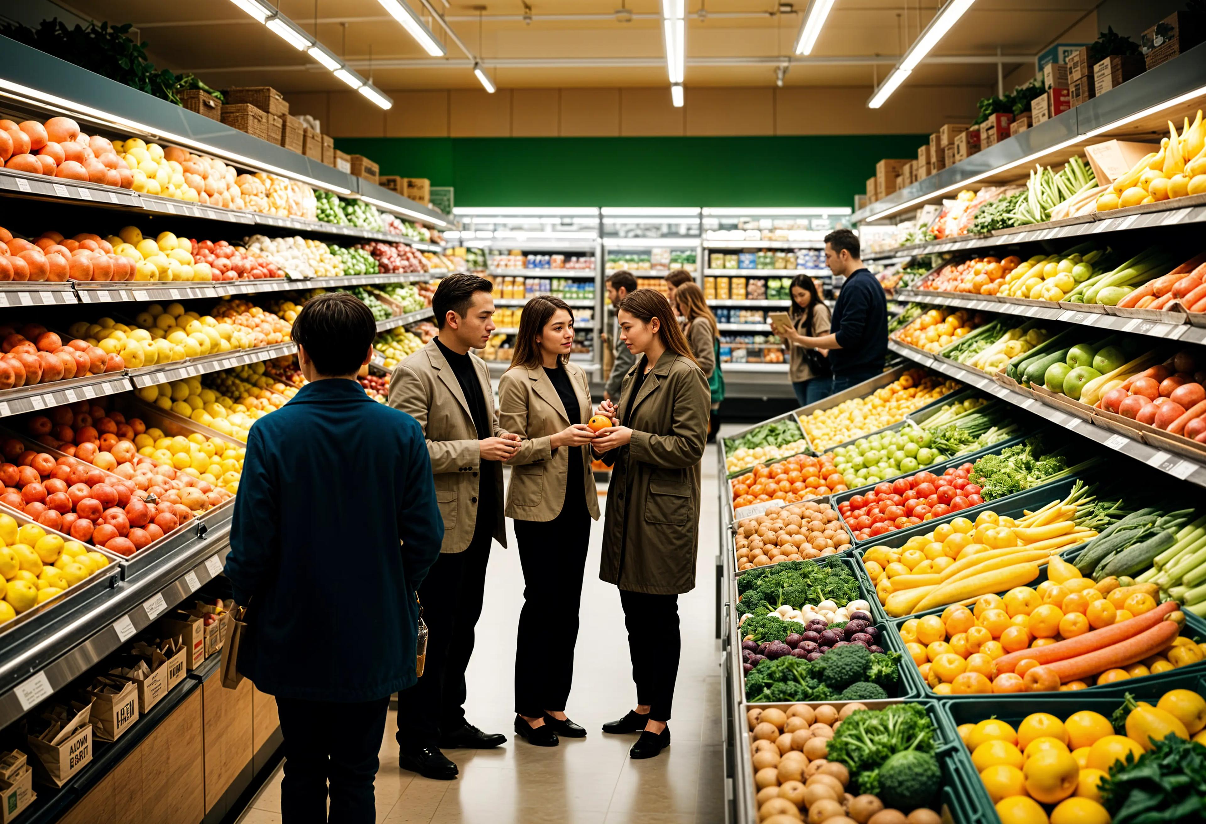 Des acheteurs discutent dans une allée d'un magasin d'alimentation où sont exposés des produits frais.