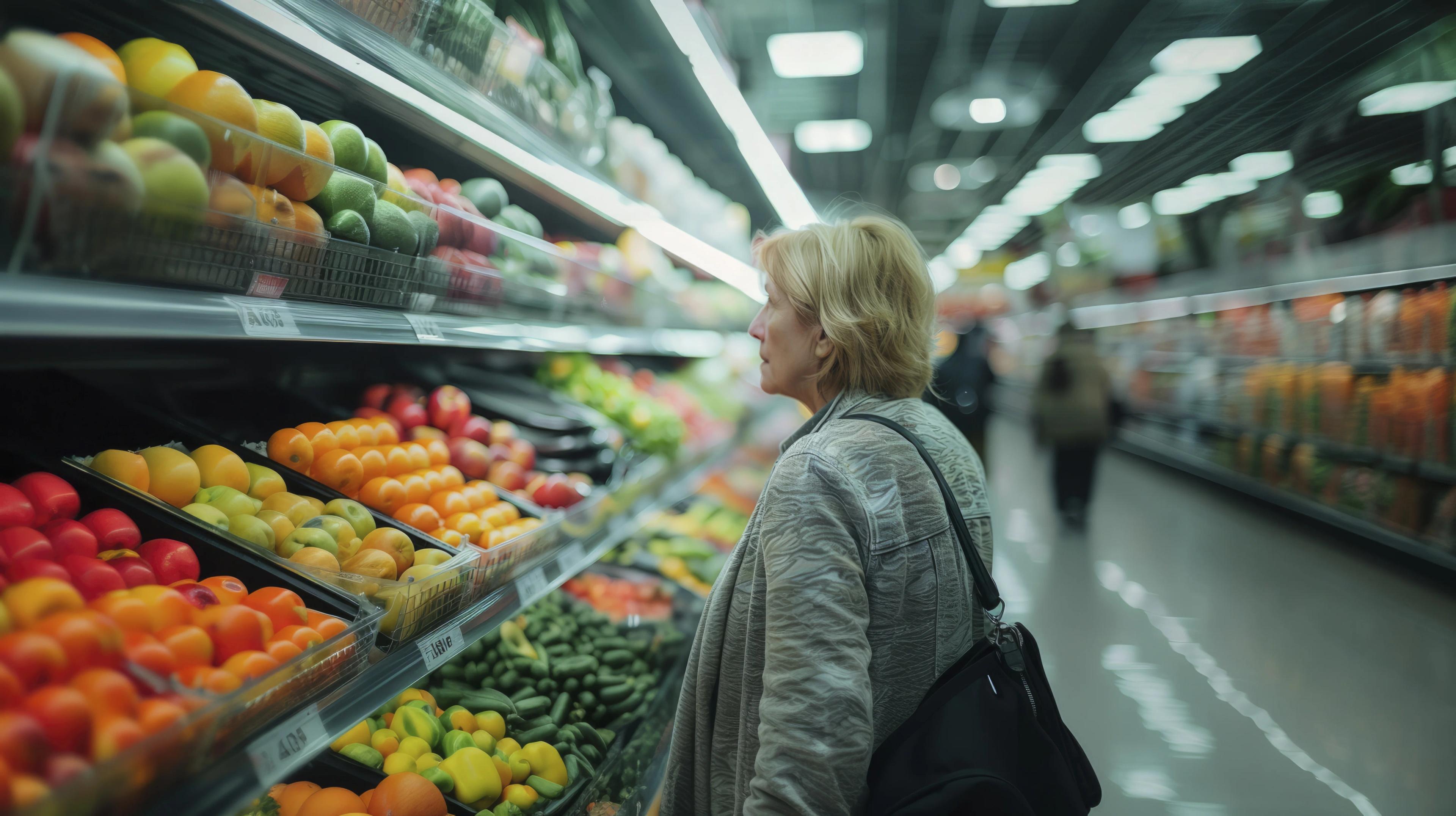 Personne faisant ses courses dans le rayon des fruits et légumes frais d'un supermarché