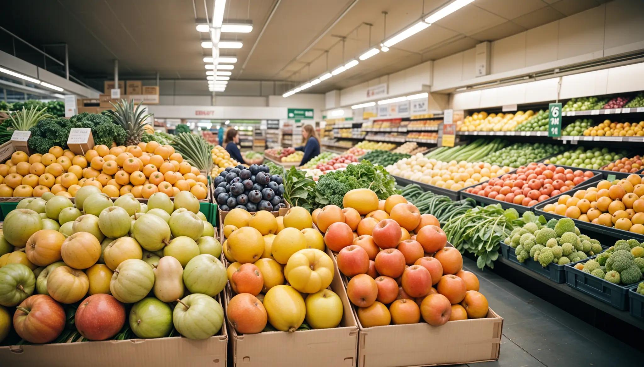 Des fruits et des légumes sont présentés dans une allée bien éclairée d'un magasin d'alimentation, notamment des pommes, des oranges, des ananas et des légumes verts. Des clients font leurs achats à l'arrière-plan.