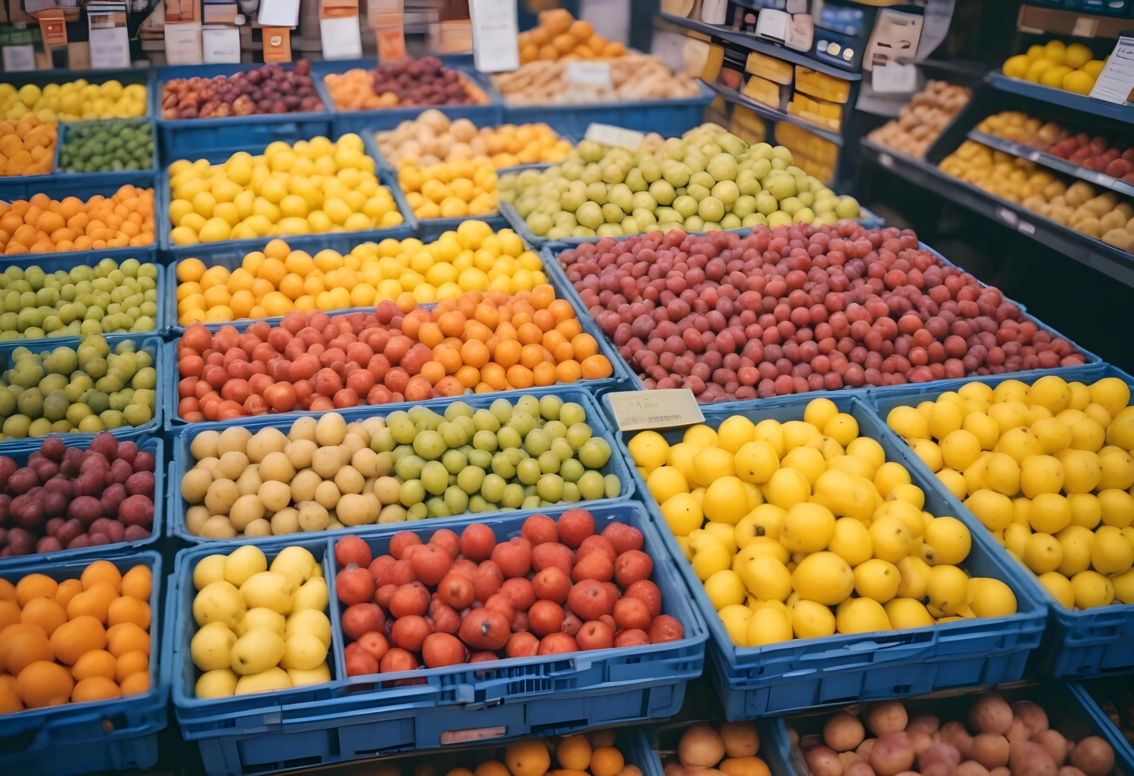 Panier de fruits colorés dans des corbeilles bleues sur un marché.