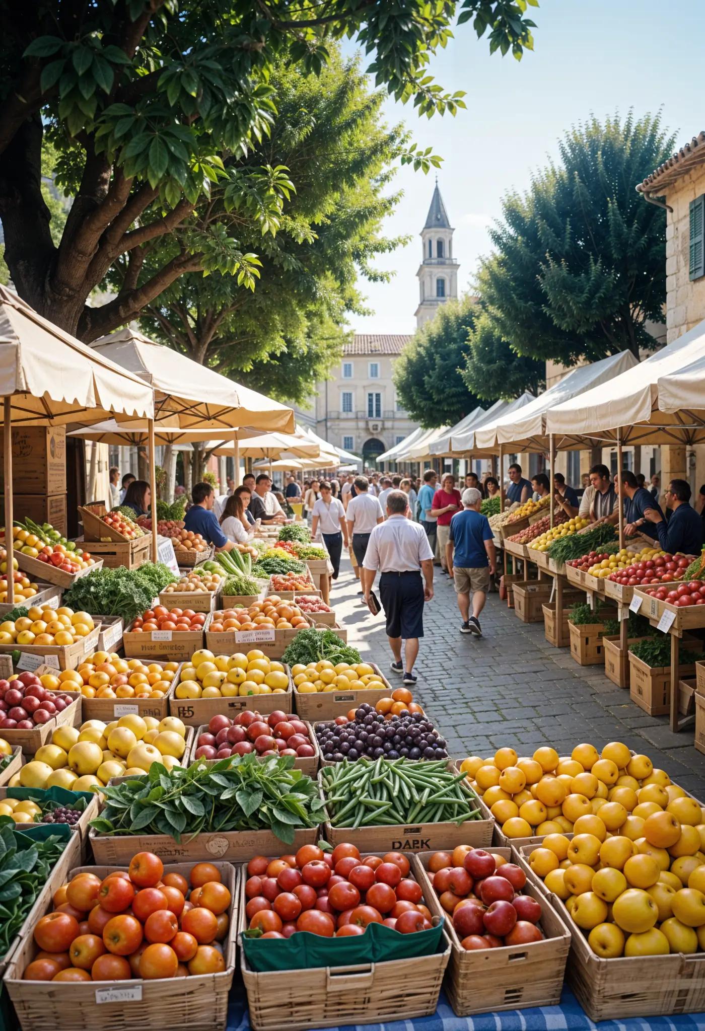 Marché en plein air avec des étals de fruits et légumes colorés.