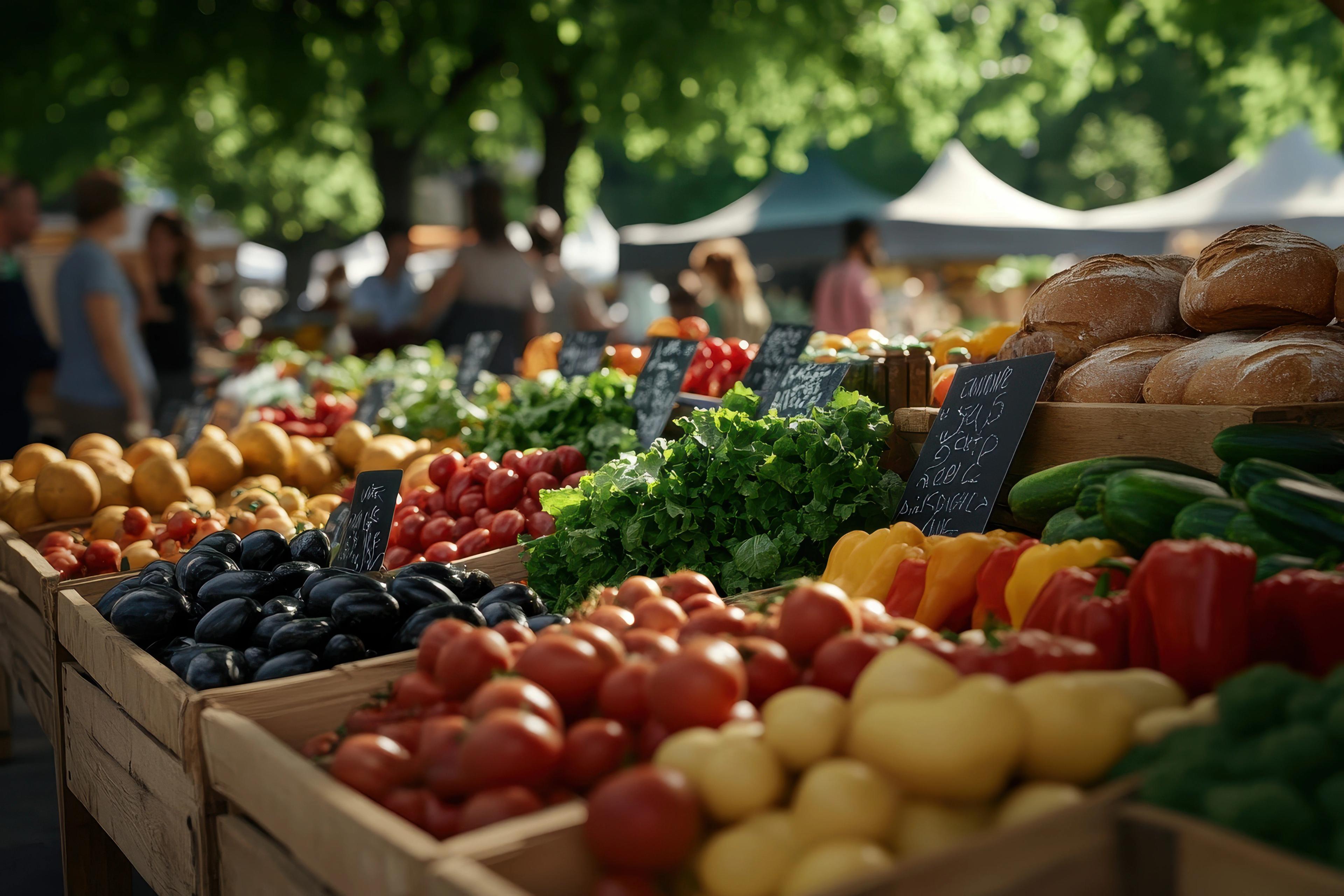 Un marché fermier animé avec des étalages vibrants de produits frais, notamment des tomates, des poivrons, des aubergines, de la laitue et du pain artisanal, sous des tentes ombragées.