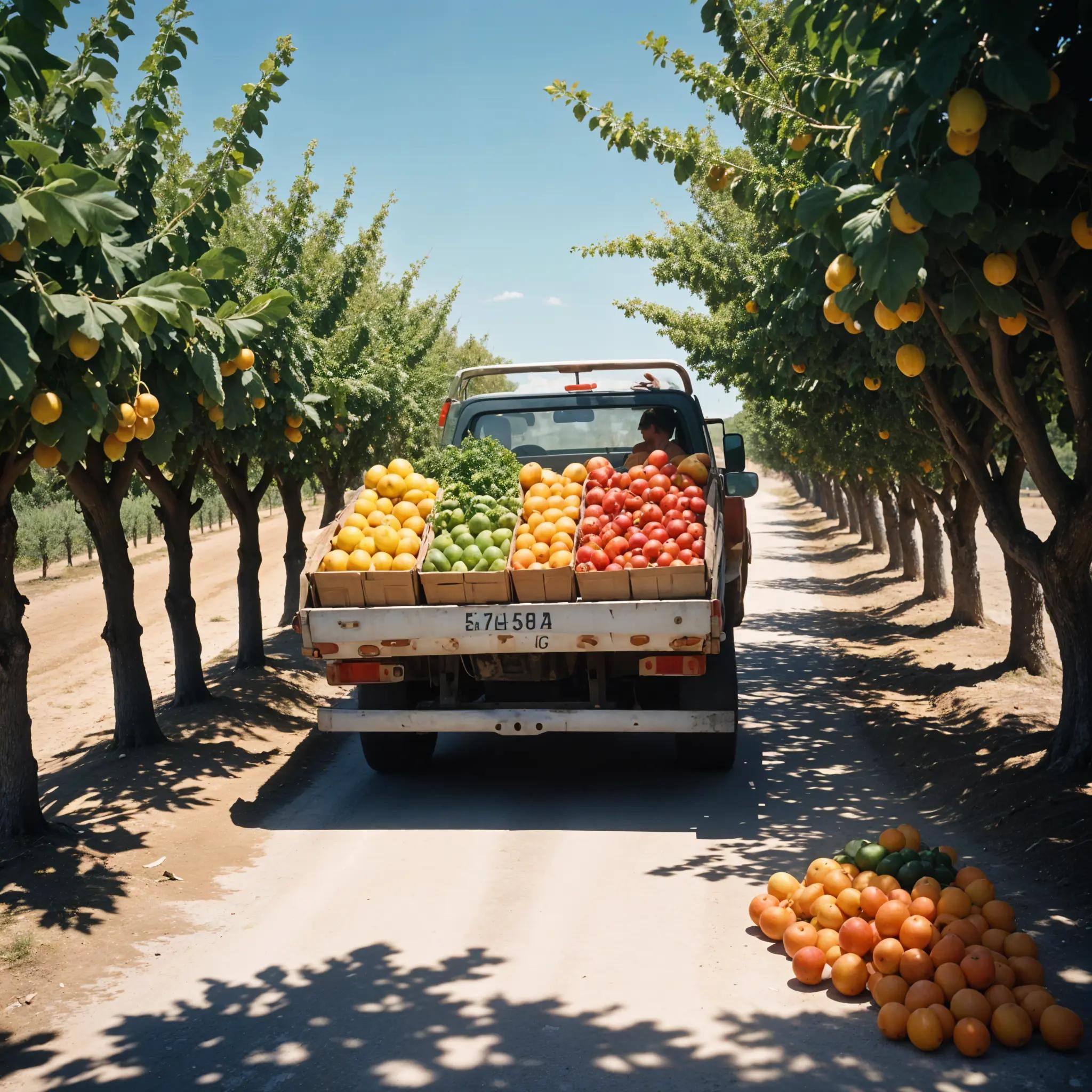 Camion chargé de fruits colorés parcourant une allée d'arbres fruitiers, représentant une récolte agricole fraîche et locale.