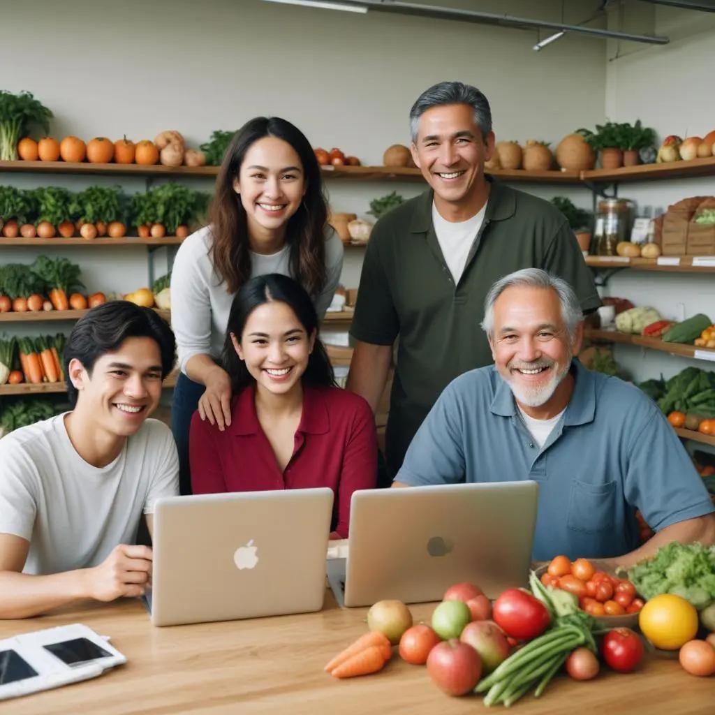 Groupe de personnes avec des ordinateurs portables à une table avec des produits frais, dans une cuisine moderne.