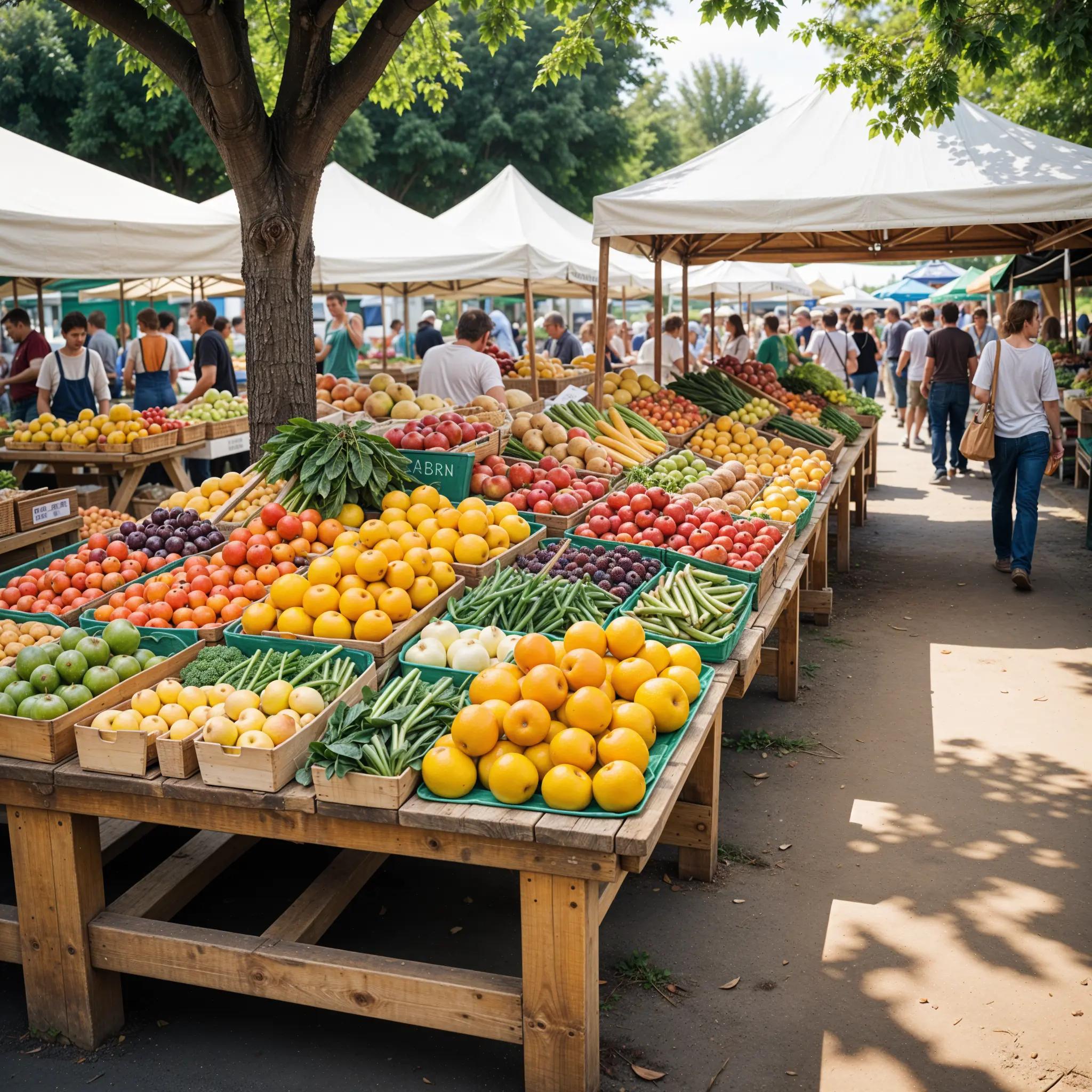 Marché en plein air avec des étals de fruits et légumes colorés, avec des clients en arrière-plan.