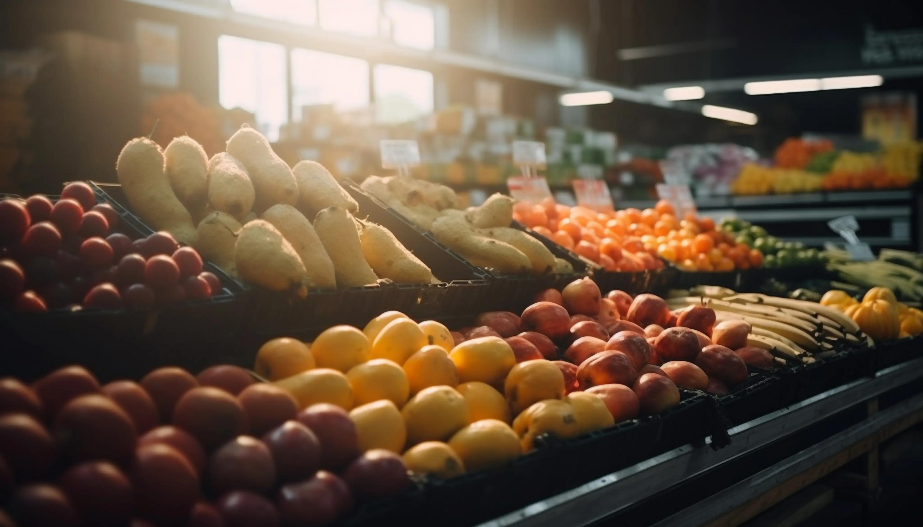 Fruits frais assortis présentés sur des étagères dans un supermarché avec un éclairage doux.