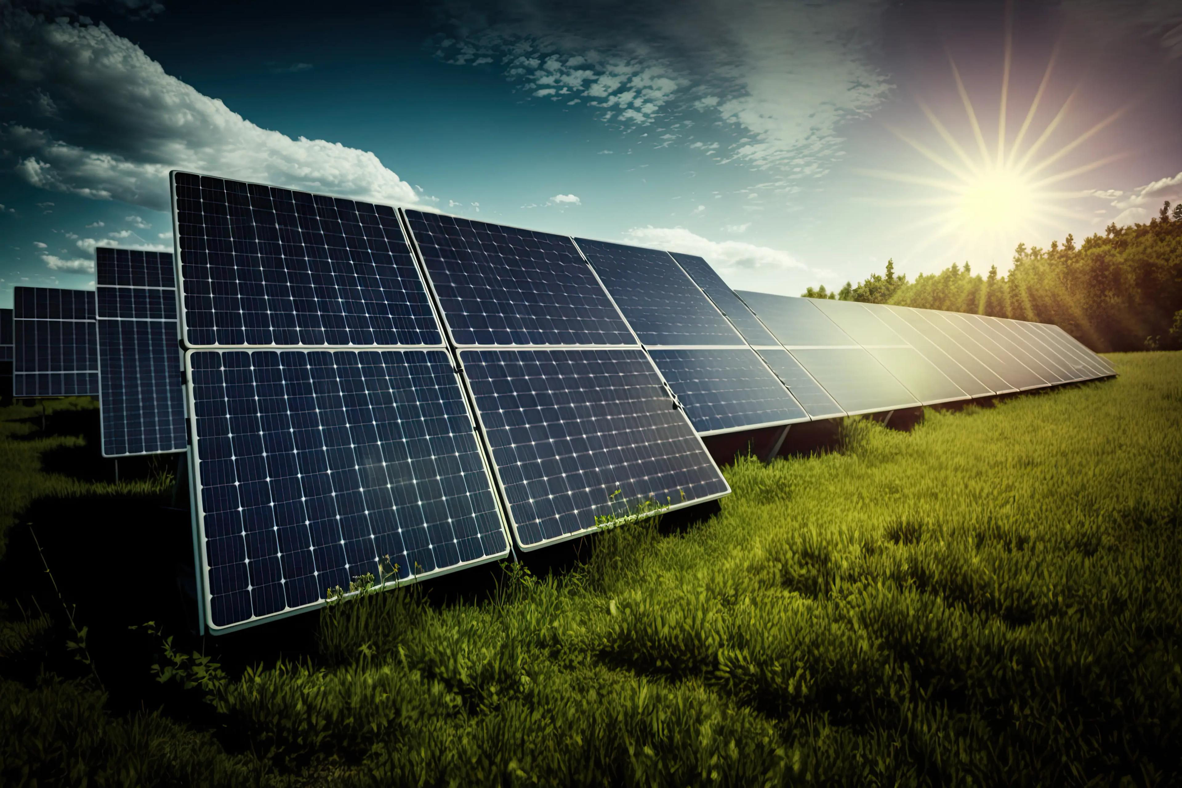 Des rangées de panneaux solaires dans un champ vert avec le soleil qui brille dans le ciel.